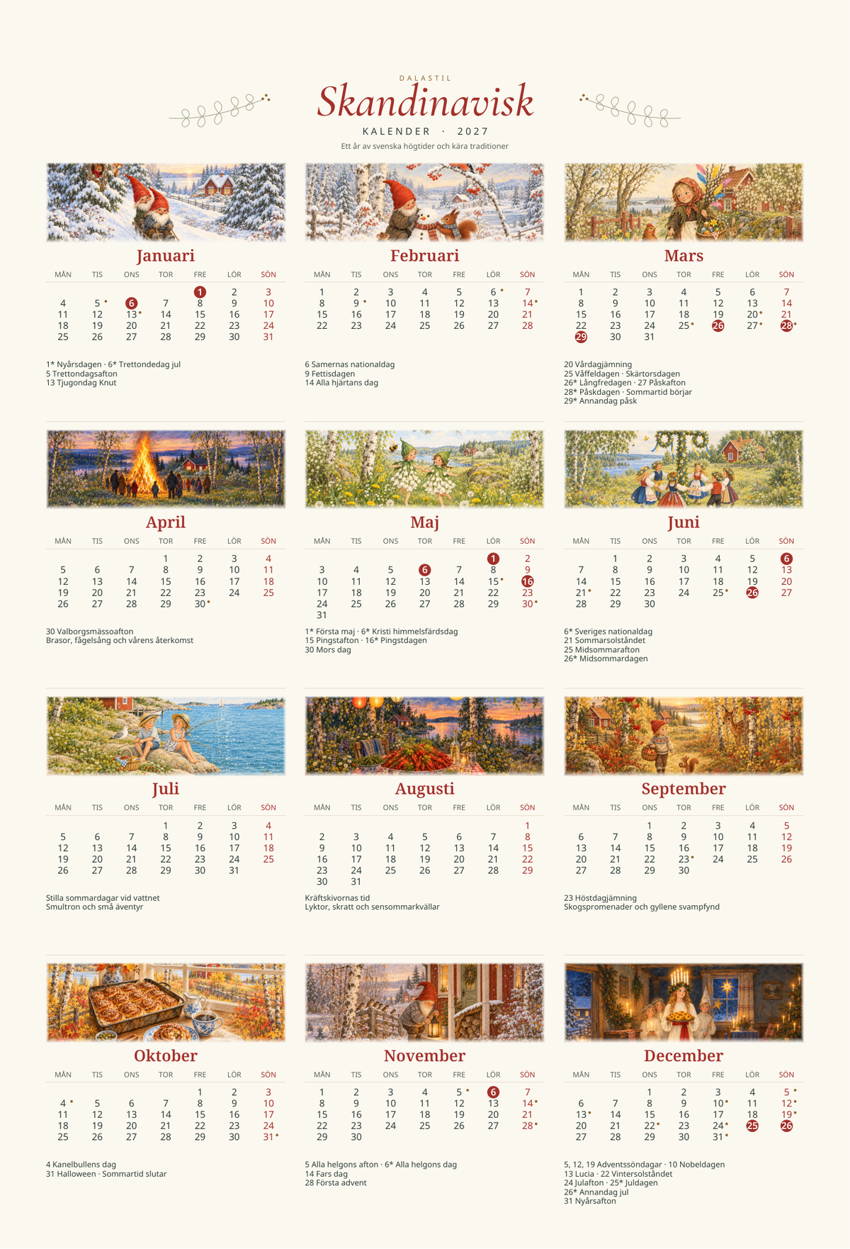 Skandinavisk Kalender 2027 – A3 väggkalender med skandinaviska motiv – DalaStil