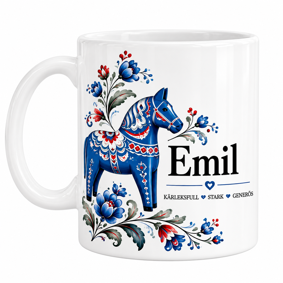 Mugg med namn och betydelse med blå dalahäst och blommor i svensk folkkonst