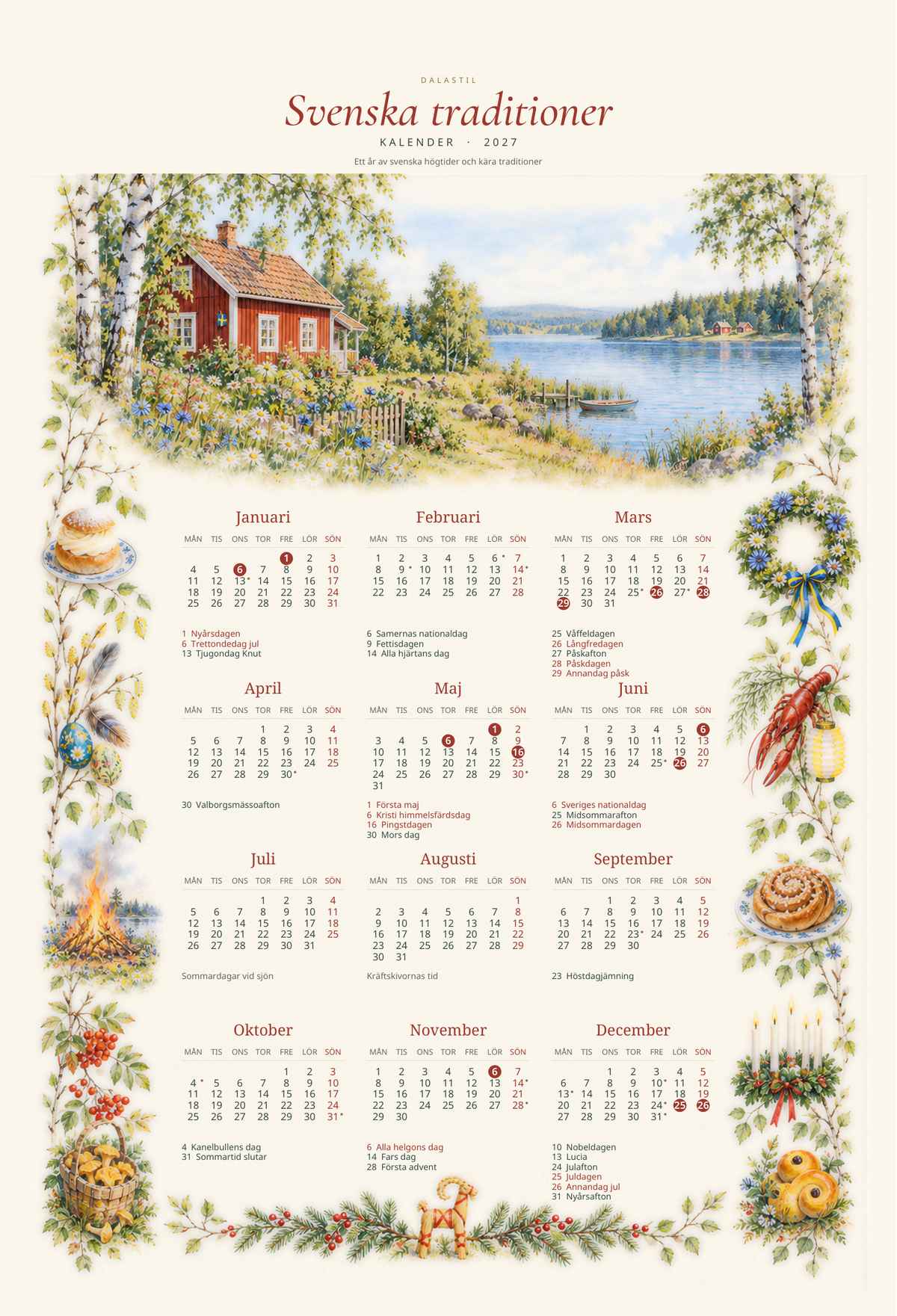 Svenska traditioner Kalender 2027 – A3 väggkalender med svenska högtider – DalaStil
