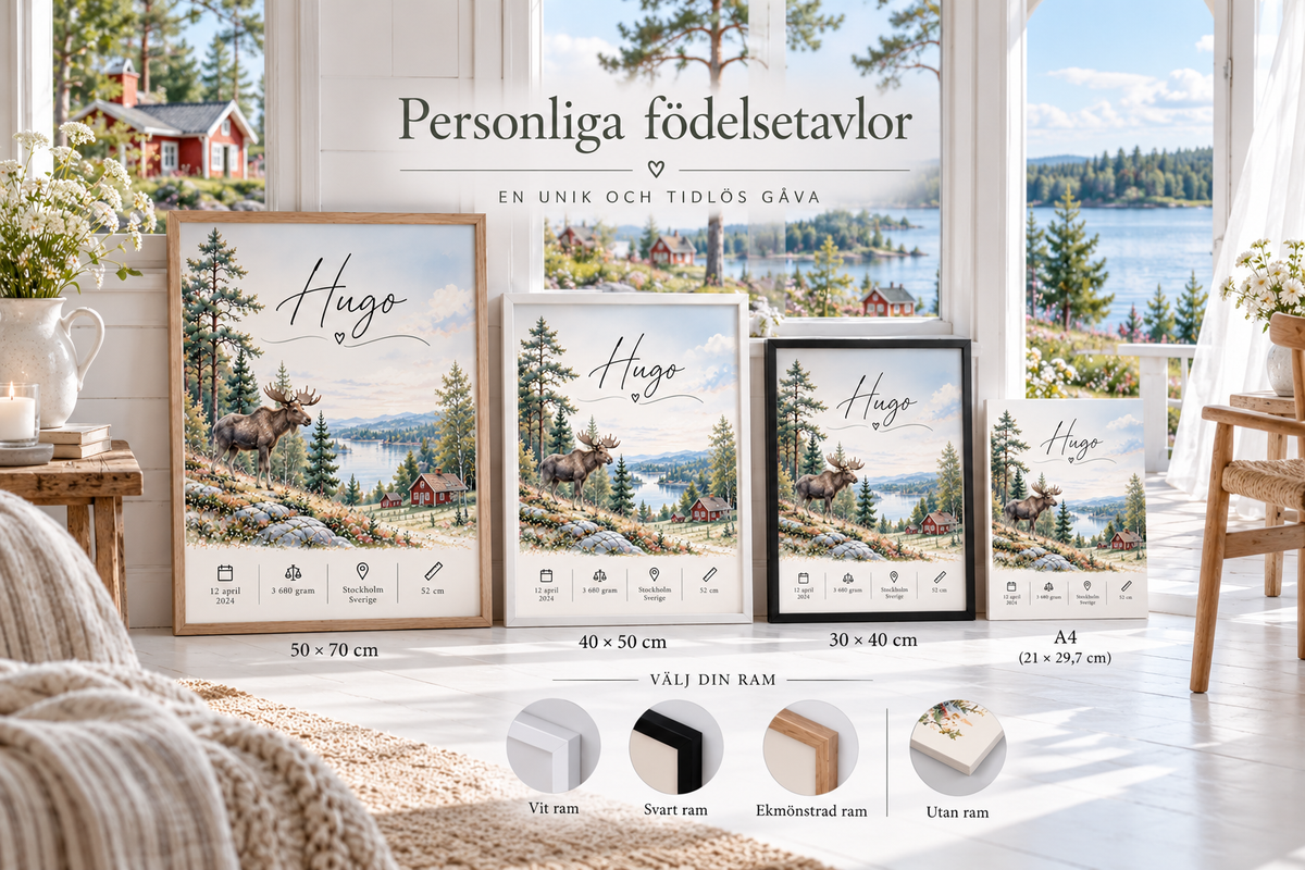 Personliga födelsetavlor med barnets namn i ram – ekorre, dalahäst och kanin i skandinavisk stil