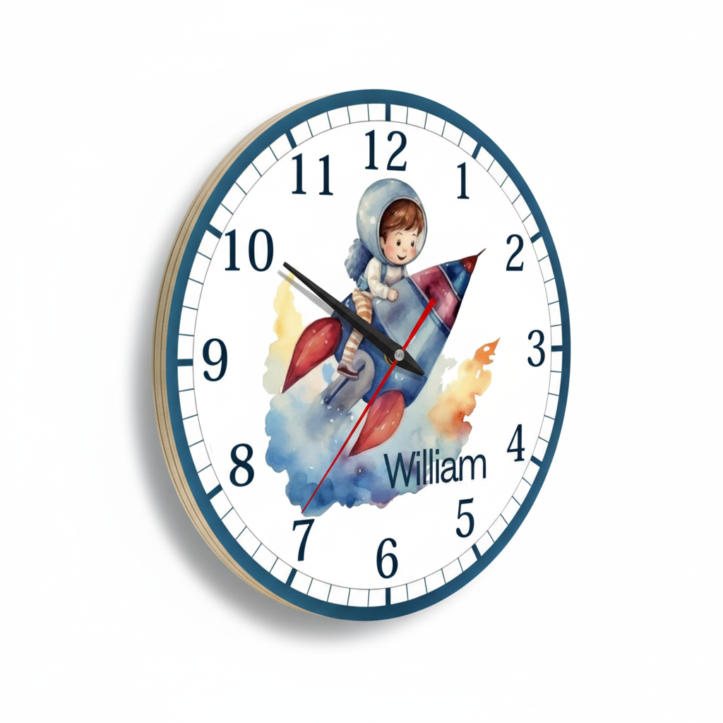 Tyst väggklocka för barn med rymdraket ? Personlig barnklocka för barnrum - DalaStil