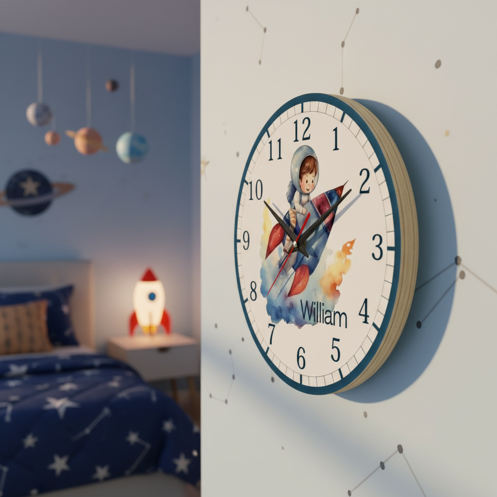 Tyst väggklocka för barn med rymdraket ? Personlig barnklocka för barnrum - DalaStil