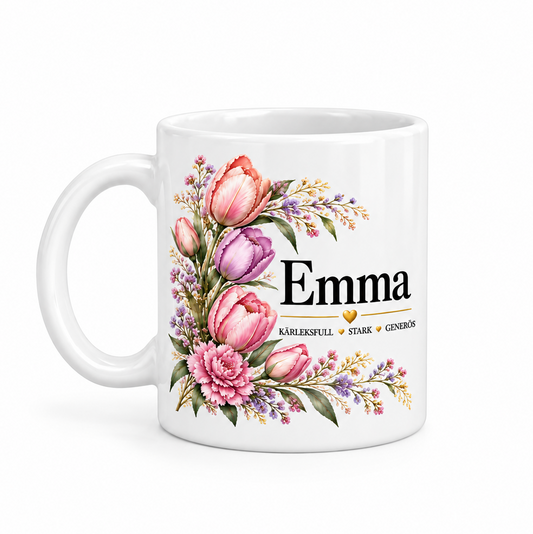 Personalisierte Namenstasse mit Blumenkranz – Was bedeutet dein Name