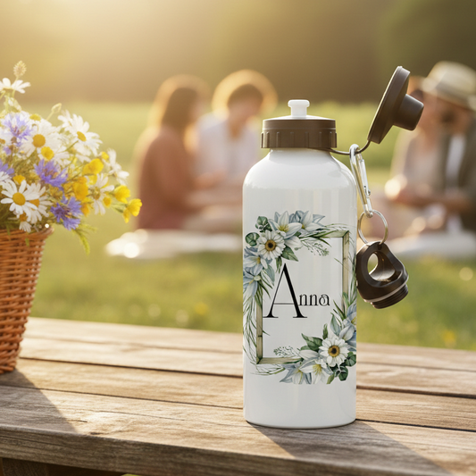 Vita blommor med guldram - Personlig vattenflaska med namn