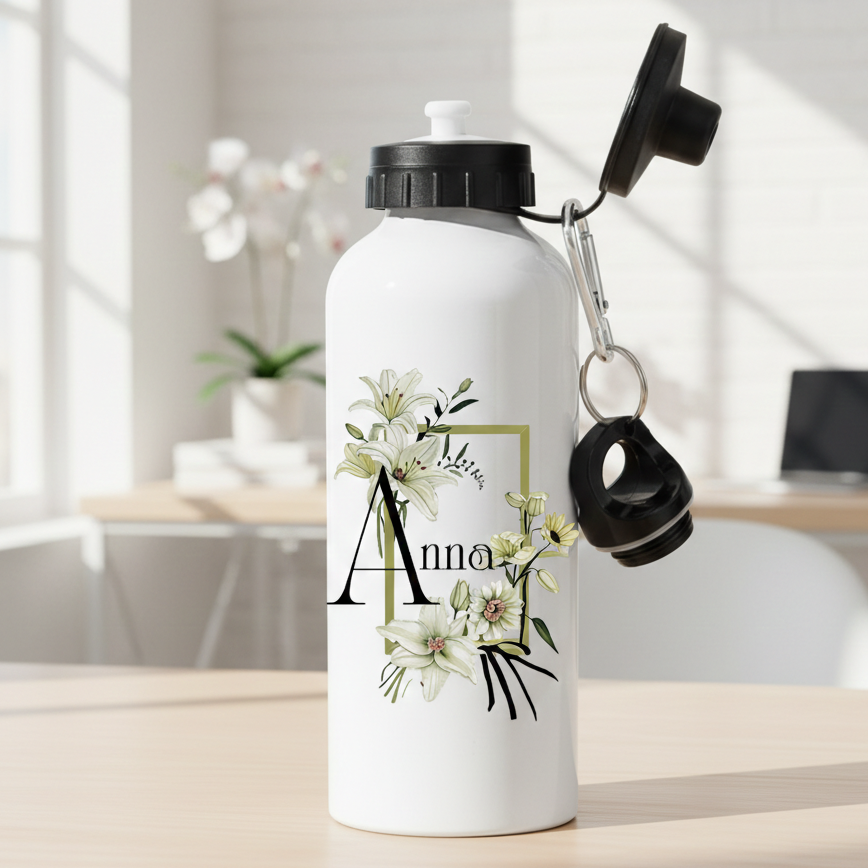 Vita liljor med initial - Personlig vattenflaska med namn
