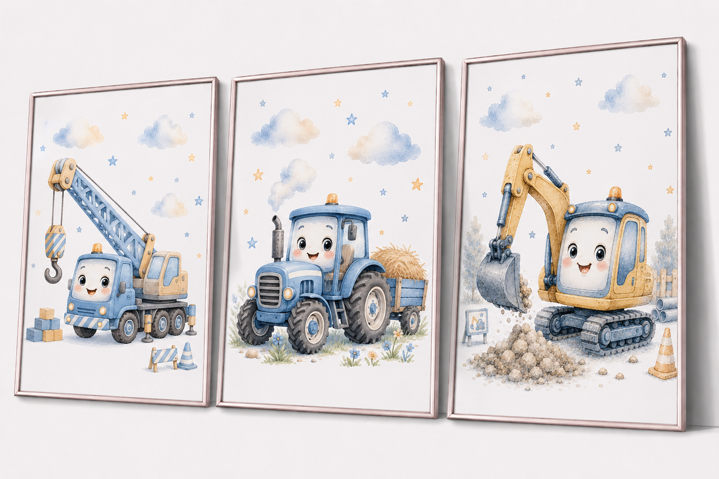 Arbetsfordon barnposter – akvarell barntavla med krån, traktor och grävmaskin – DalaStil