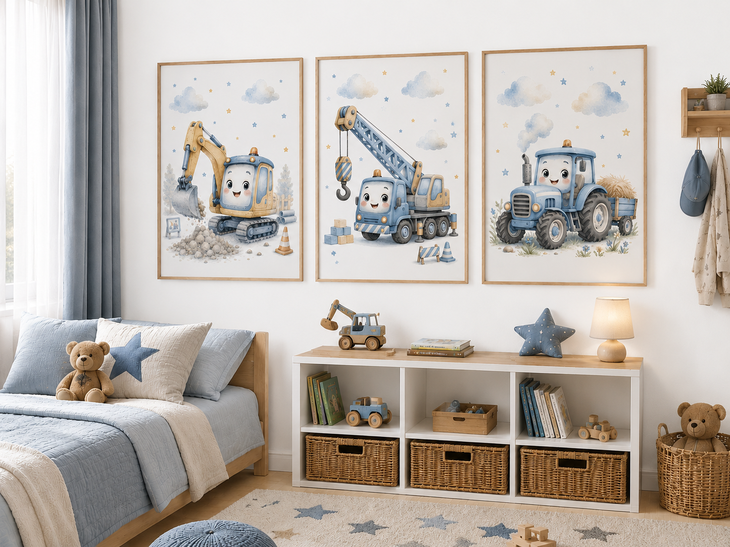 Arbetsfordon barnposter – akvarell barntavla med krån, traktor och grävmaskin – DalaStil