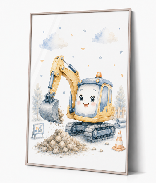 Grävmaskin barnposter – akvarell barntavla till barnrummet – DalaStil