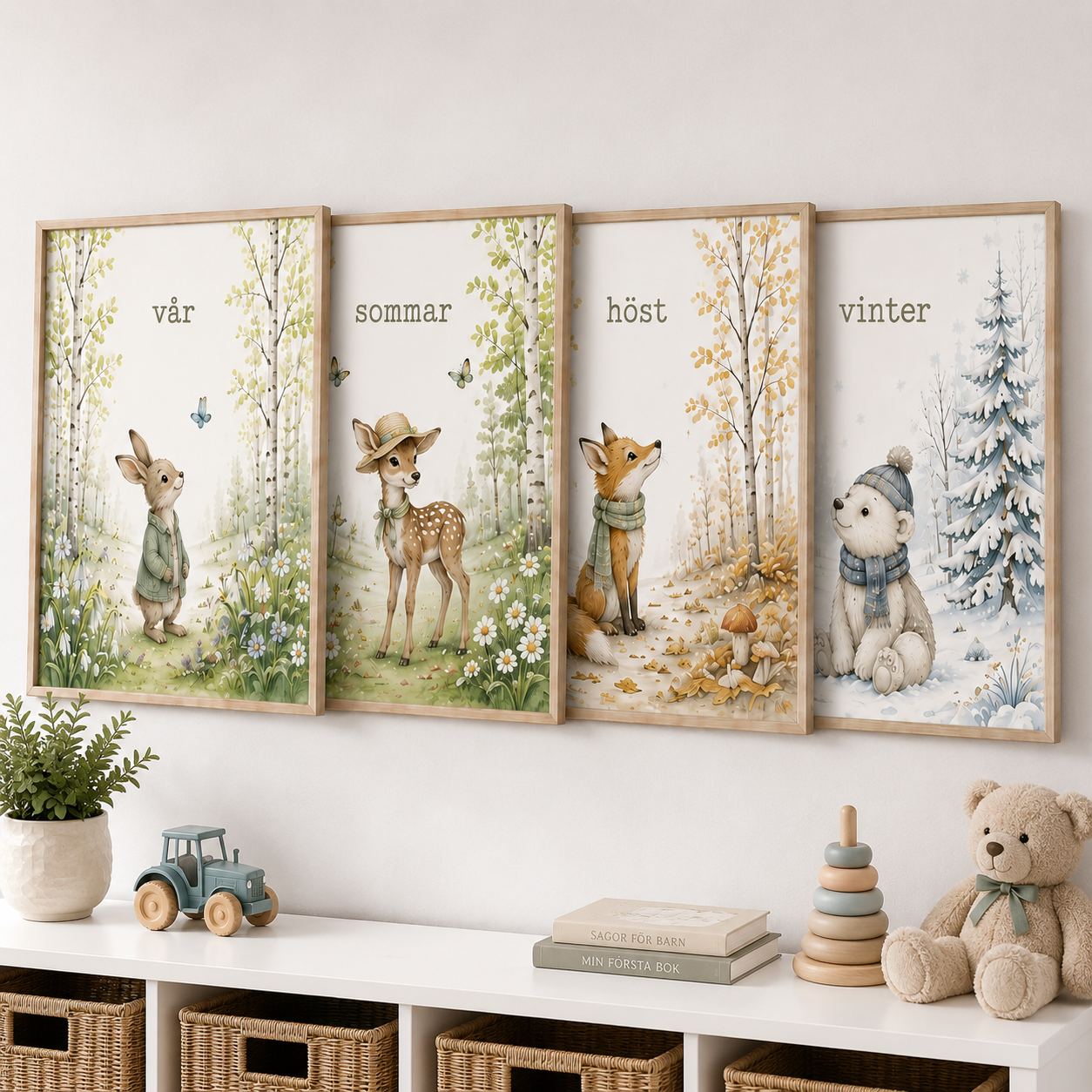Årstider skogsdjur barnposter – 4-delars akvarell barntavla till barnrummet