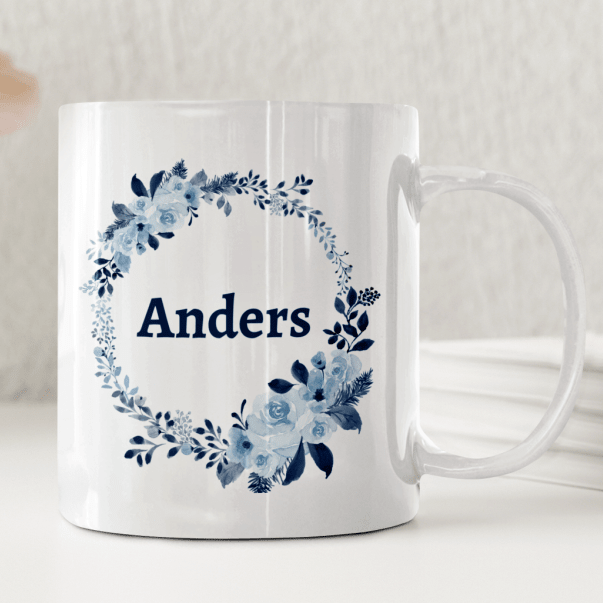 Blå blomram – Personlig mugg