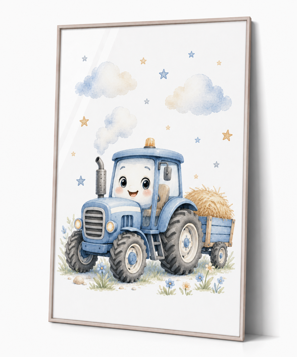 Blå traktor barnposter – akvarell barntavla till barnrummet – DalaStil