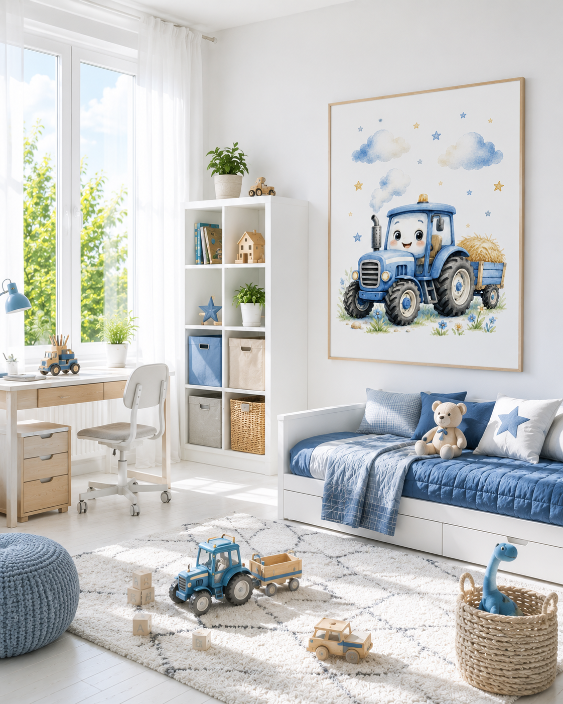 Blå traktor barnposter – akvarell barntavla till barnrummet – DalaStil