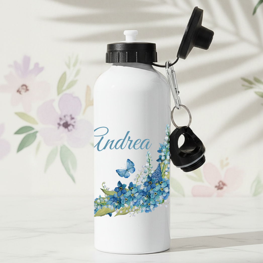bla blommig vattenflaska med valfritt namn