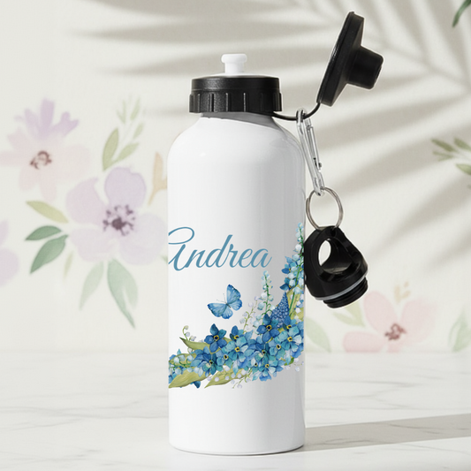 bla blommig vattenflaska med valfritt namn