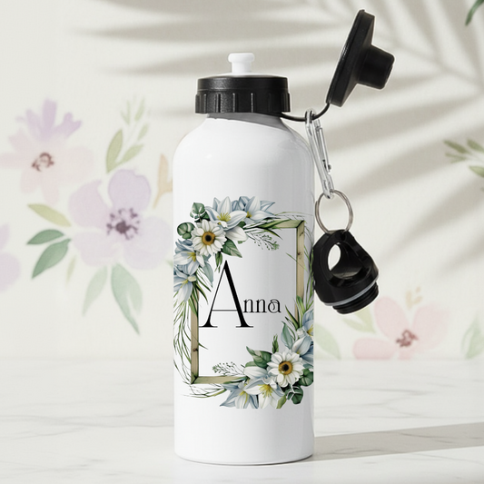 Vita blommor med guldram - Personlig vattenflaska med namn - DalaStil