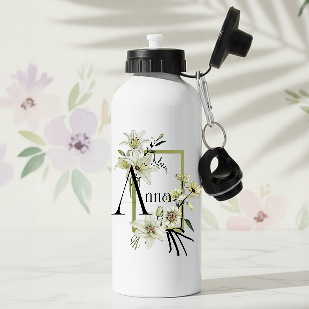 vattenflaska med namn och blommig monster