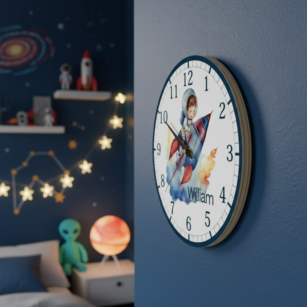 Tyst väggklocka för barn med rymdraket ? Personlig barnklocka för barnrum - DalaStil