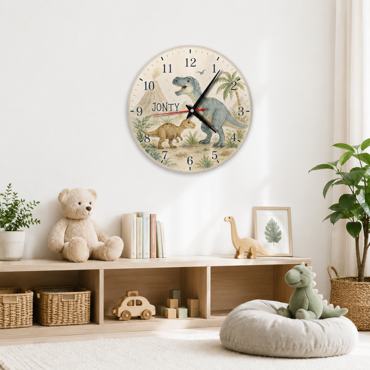 Geräuschlose Wanduhr für Kinder mit Dinosaurier-Motiv