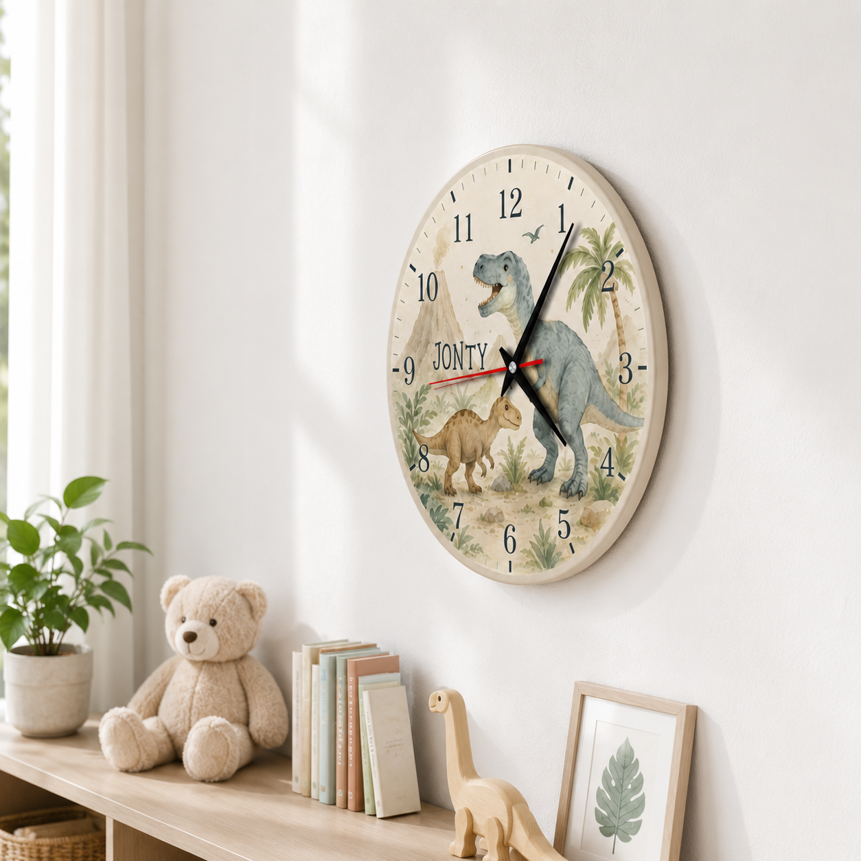 Geräuschlose Wanduhr für Kinder mit Dinosaurier-Motiv