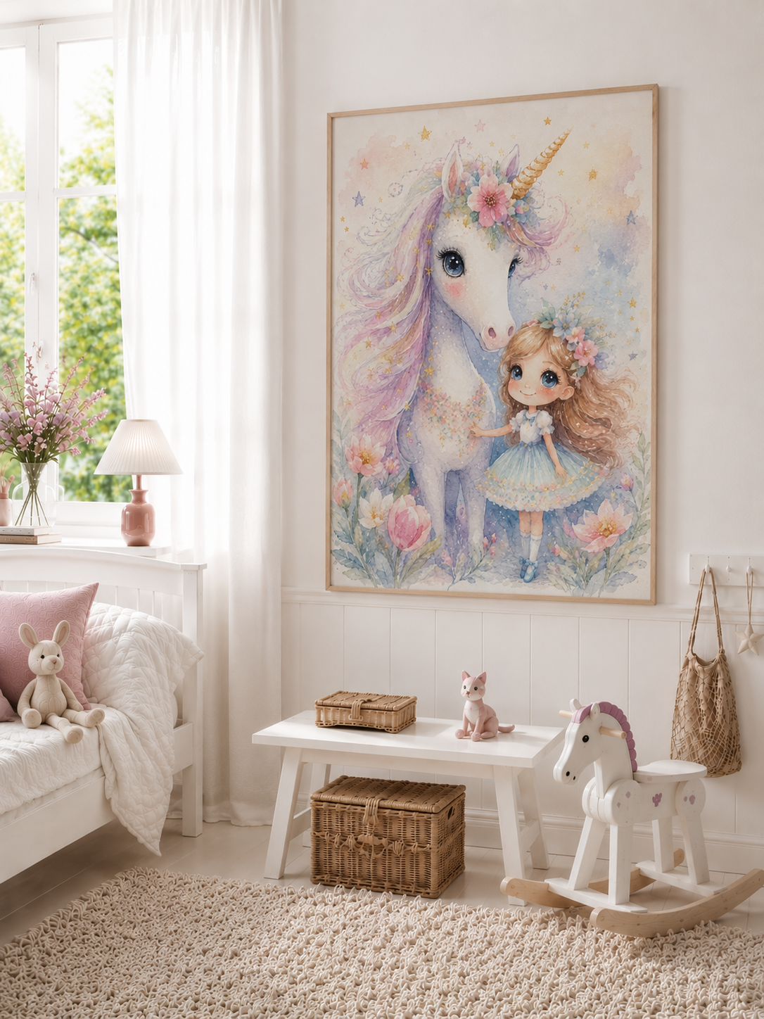 Enhörning och flicka barnposter – akvarell barntavla till flickrummet – DalaStil