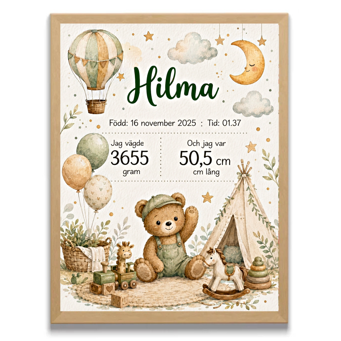 Personlig födelsetavla, doptavla med bohomotiv – Nalle och tipi