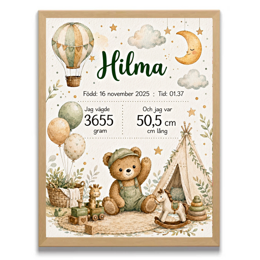 Personlig födelsetavla, doptavla med bohomotiv – Nalle och tipi
