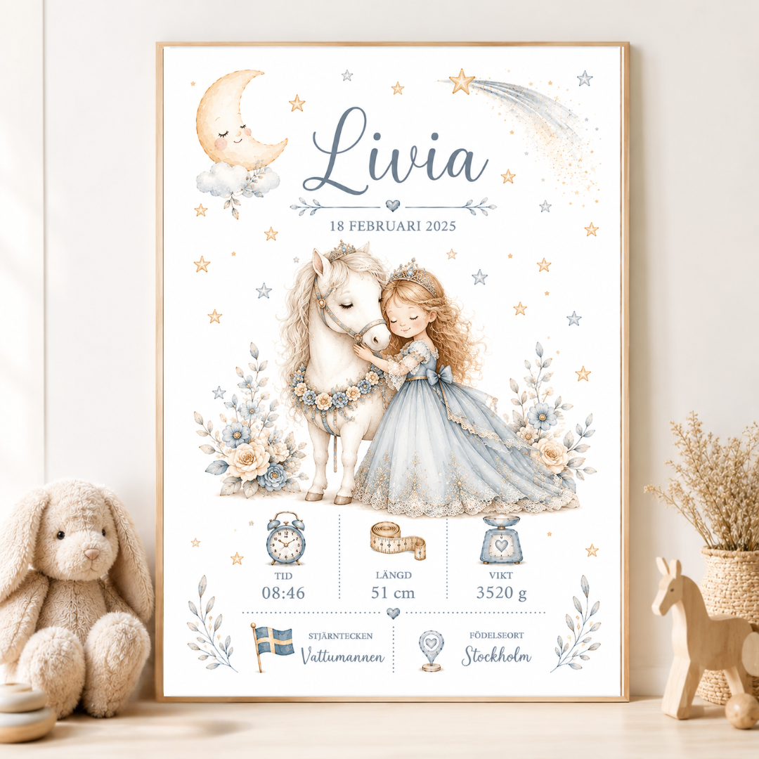 Personlig födelsetavla prinsessa och ponny – flicka – barnrum styled – DalaStil