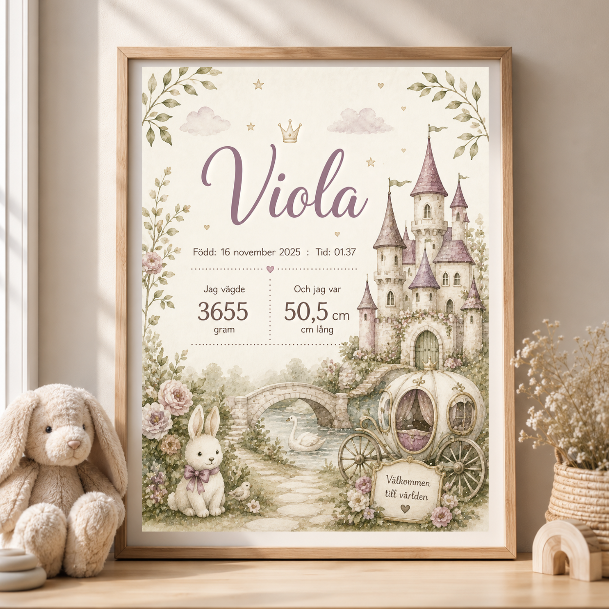 Personlig födelsetavla, doptavla för flicka med prinsessmotiv – sagoslott och hästvagn