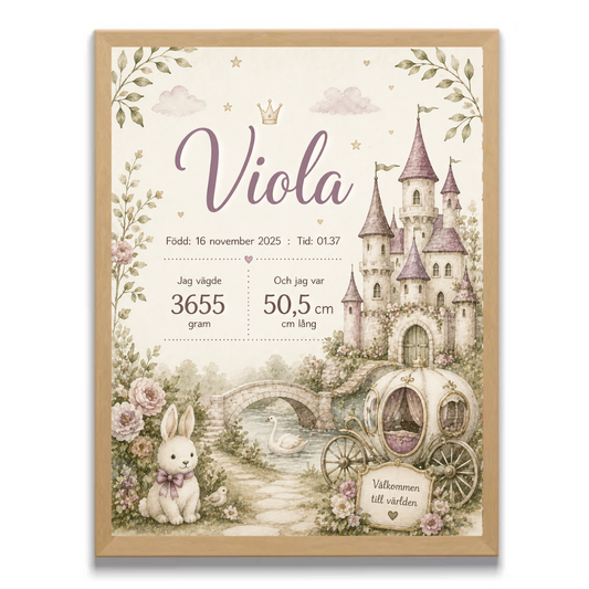Personlig födelsetavla, doptavla för flicka med prinsessmotiv – sagoslott och hästvagn