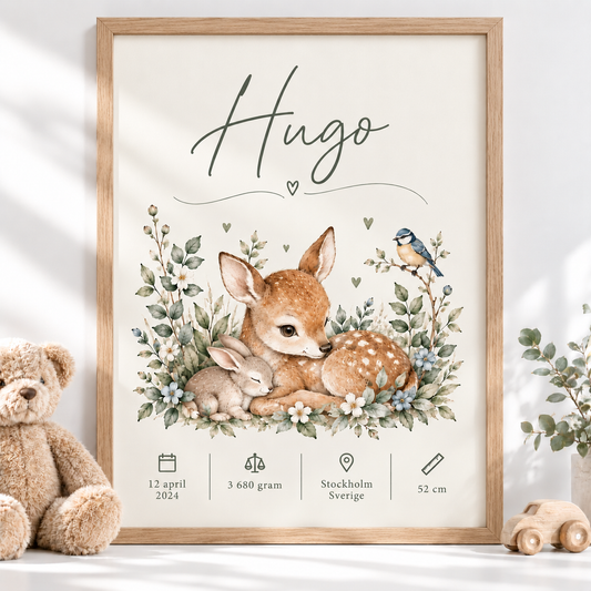 Födelsetavla med namn – Rådjurskalv i blomsteräng – doptavla flicka i ekmönstrad ram