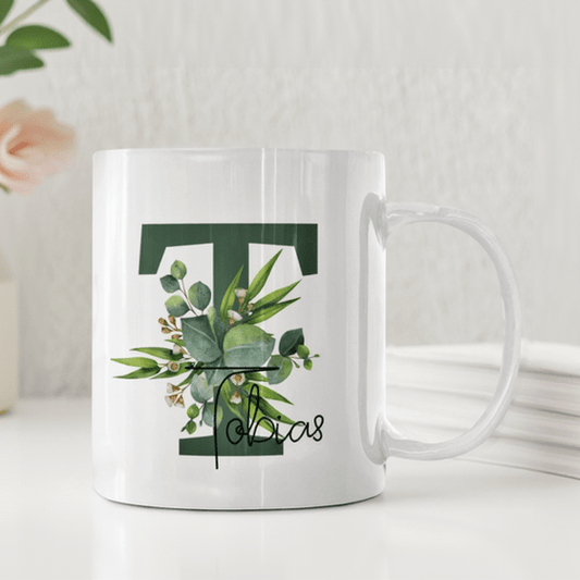 Personliga muggarGröna Blad med Initial - Personlig mugg