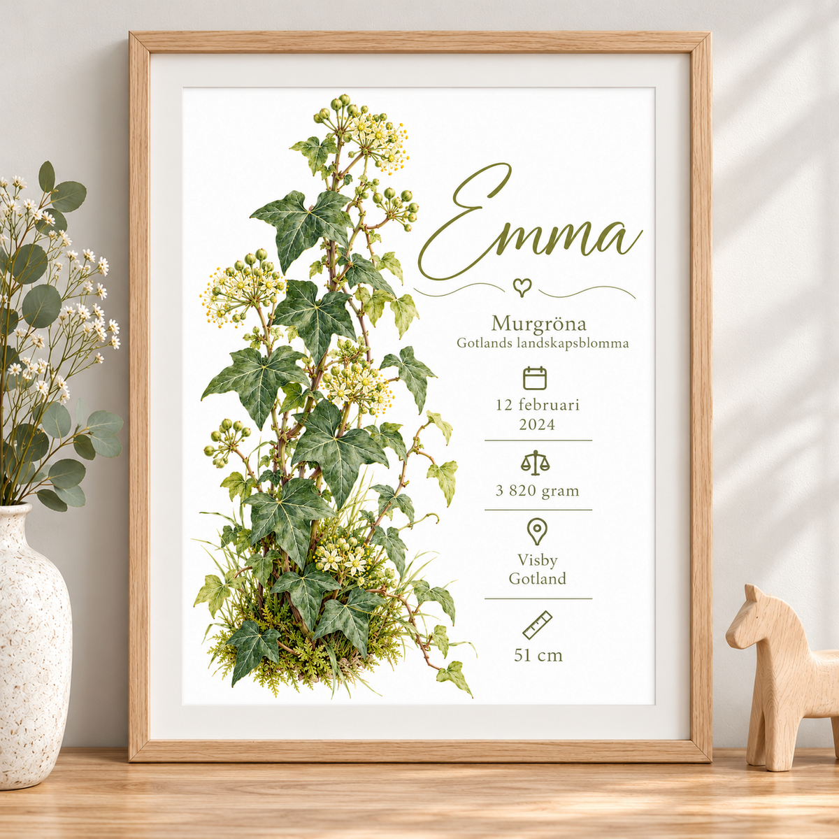 Födelsetavla med murgröna, Gotlands landskapsblomma, i ekmönstrad ram