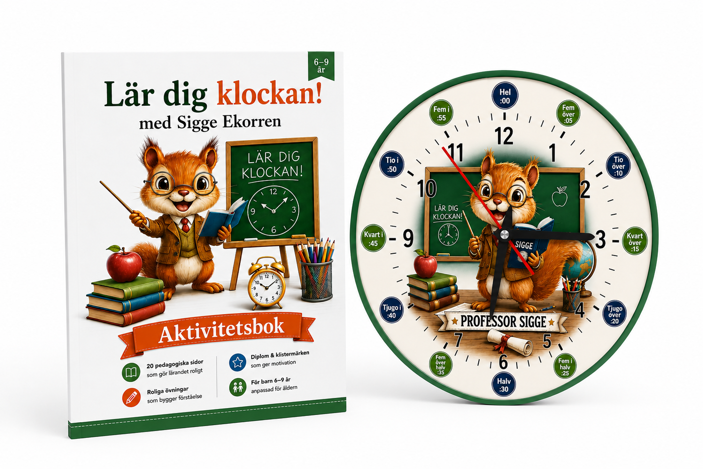 Komplett lärpaket – Väggklocka + Aktivitetsbok med Sigge Ekorren