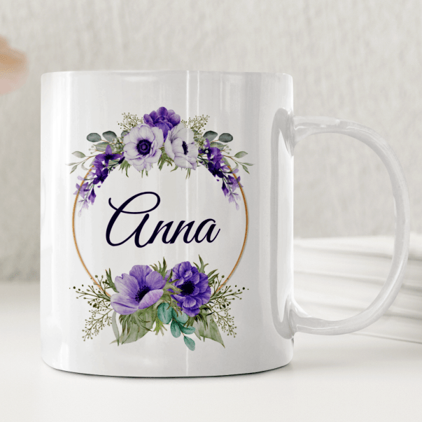 Lila blomkrans - Personlig mugg