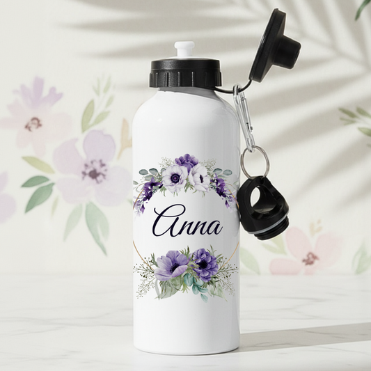 Lila blommor - Personlig vattenflaska med namn - DalaStil