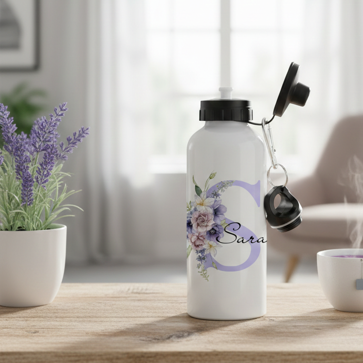 lila lommor med initial personlig vattenflaska med valfritt namn