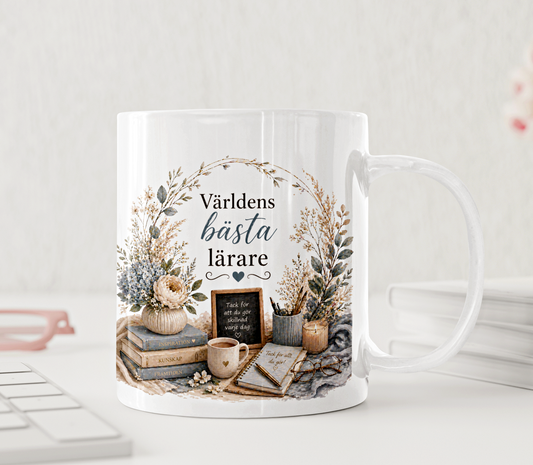 Personlig mugg - Världens bästa lärare, torkade blommor och böcker, grå beige