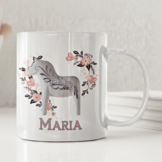Modern Dalahäst med namn - Personlig mugg