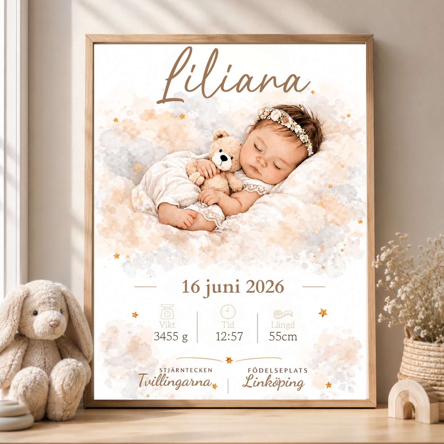 Personlig födelsetavla – Baby – Doptavla med nalle och babydetaljer – DalaStil