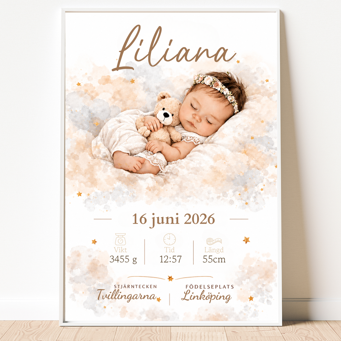 Personlig födelsetavla – Baby – Doptavla med nalle och babydetaljer – DalaStil