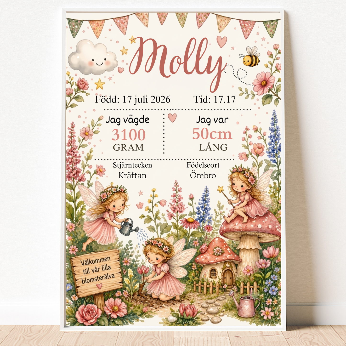 Personlig födelsetavla – Blomsterälva – Doptavla med blomsterälvor och blommor – DalaStil