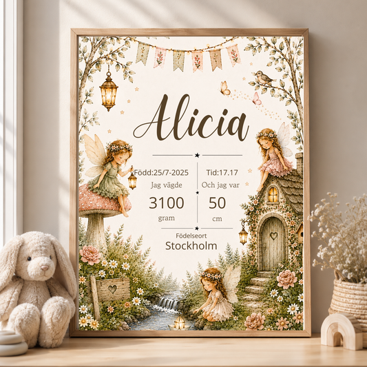 Personlig födelsetavla – Blomsterälva – Doptavla för flicka – DalaStil