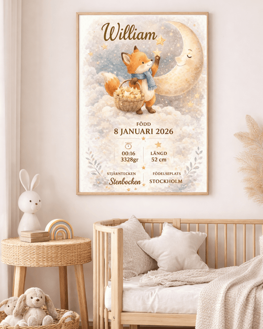 FödelsetavlaPersonlig Födelsetavla Räv och Stjärnor – Namntavla med Barnets Namn, Födelsedatum, Vikt och Längd, Doppresent Flicka och Pojke, Minnestavla Nyfödd