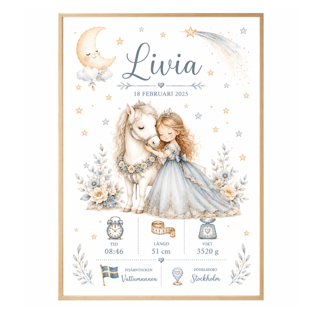Personlig födelsetavla med prinsessa och ponny – flicka – namn, datum, tid, längd, vikt, stjärntecken och födelseort – DalaStil