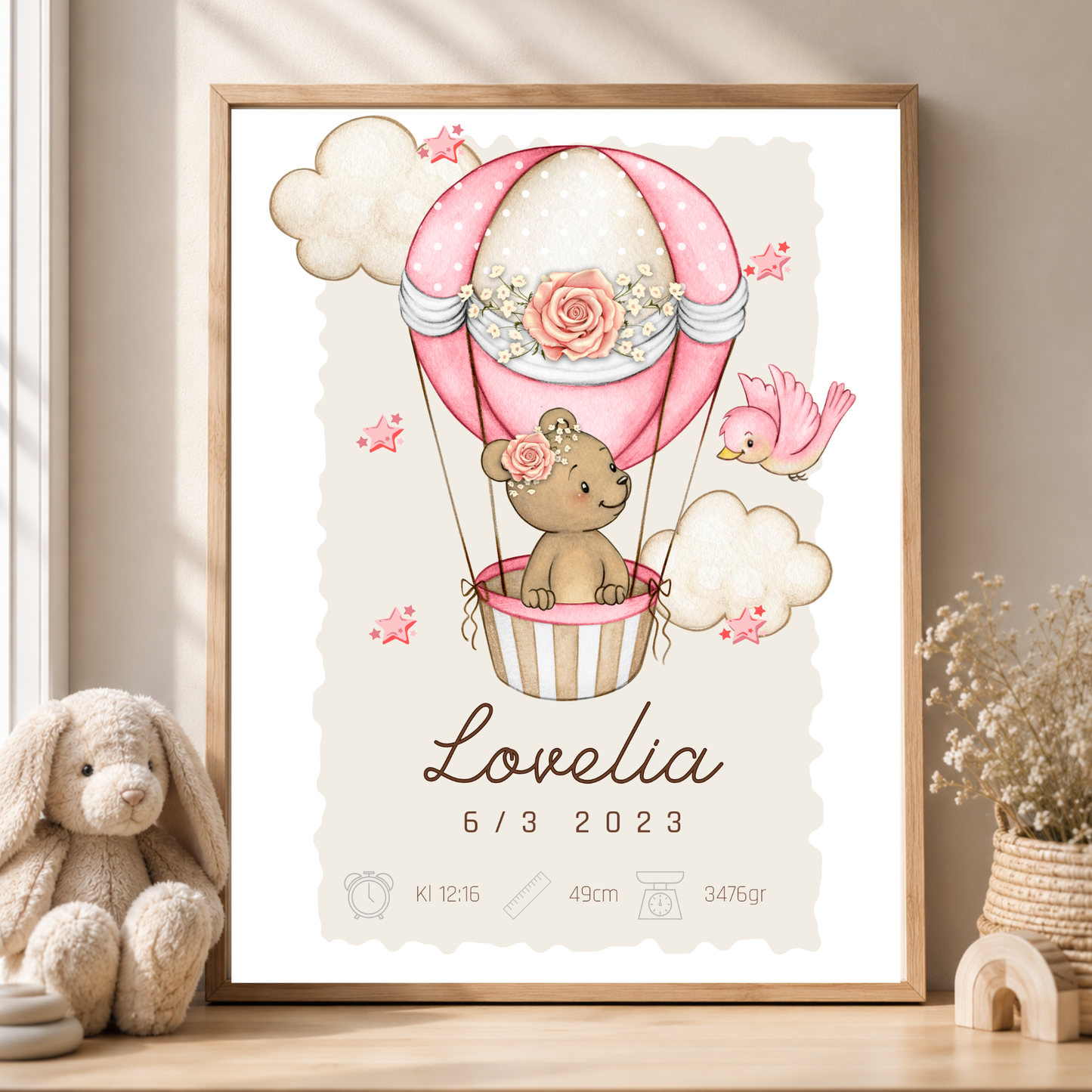 Persönliche Taufplakette „Rosa Teddybär“ – Namensplakette und Geburtsurkunde mit Namen