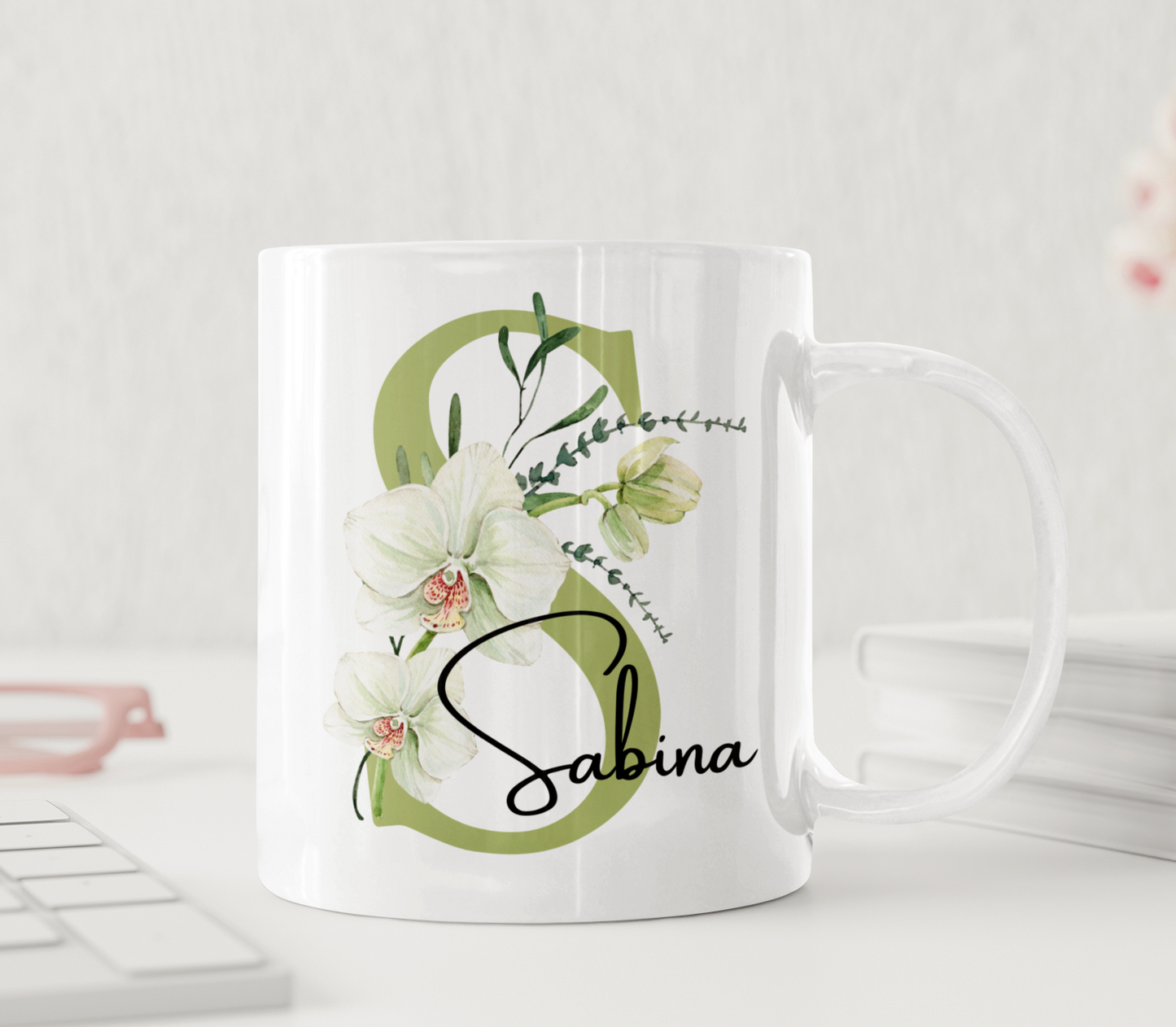 Personlig Mugg med Namn - Grön Orkide