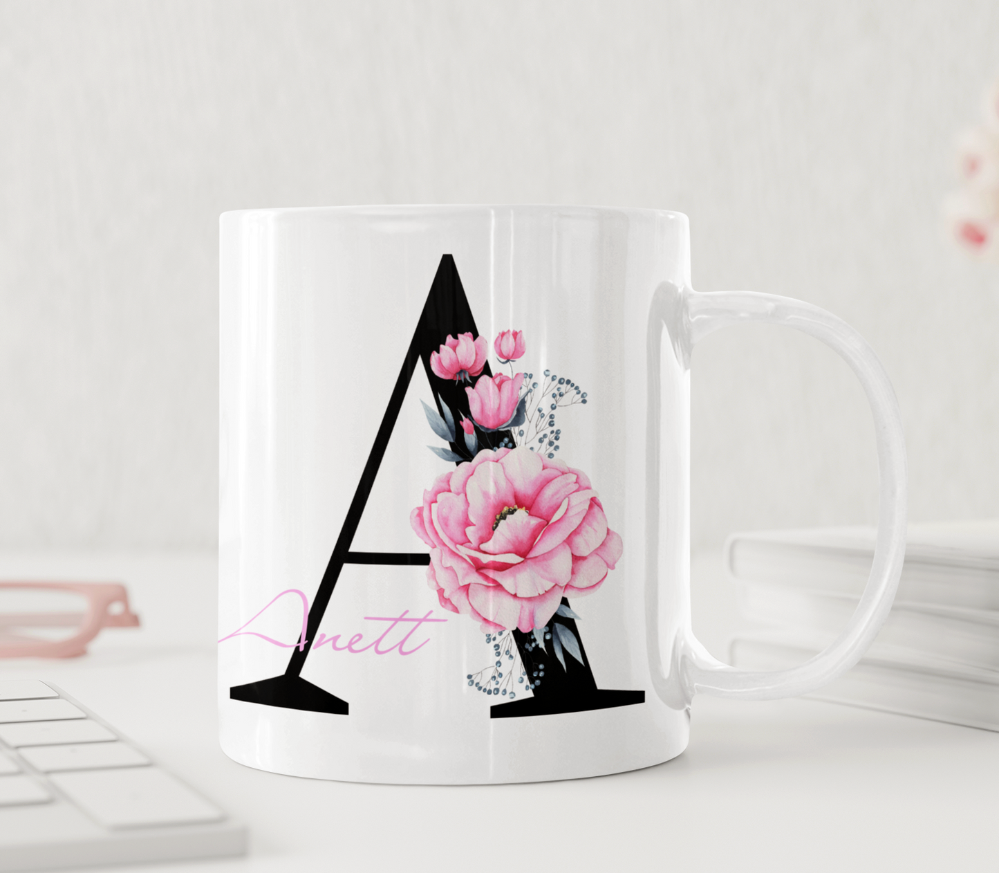 Personlig Mugg med Namn - Romantisk  Rosa Pion