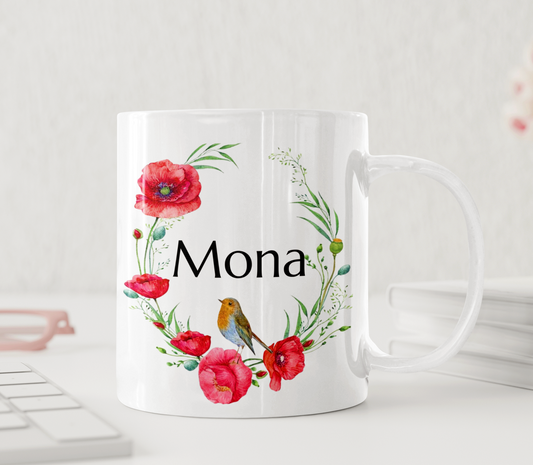 Personalisierter Naturbecher mit Namen, Mohnblumen und Vogel - floraler Geschenkbecher
