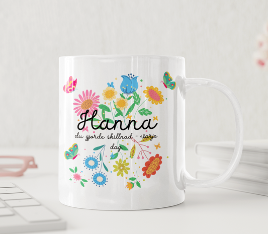 Personalisierter Frühlingsbecher mit Blumen und Schmetterlingen – farbenfroher Namensbecher