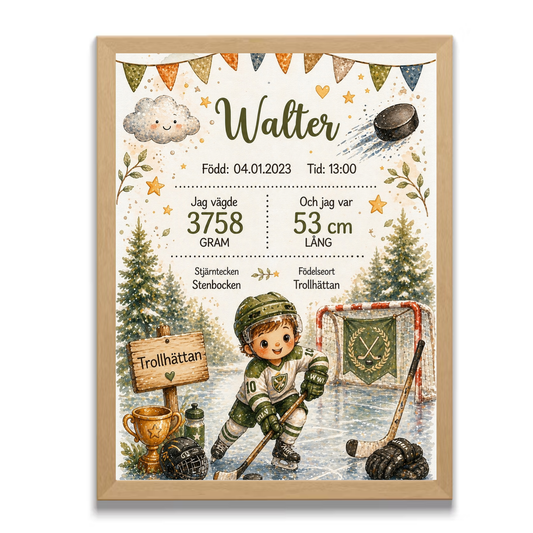 Personlig födelsetavla, doptavla för pojke med hockeymotiv